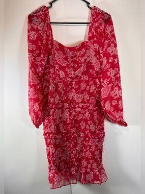 Sim & Sam Red Floral Smocked Ruffle Mini Dress Long Sleeve Medium